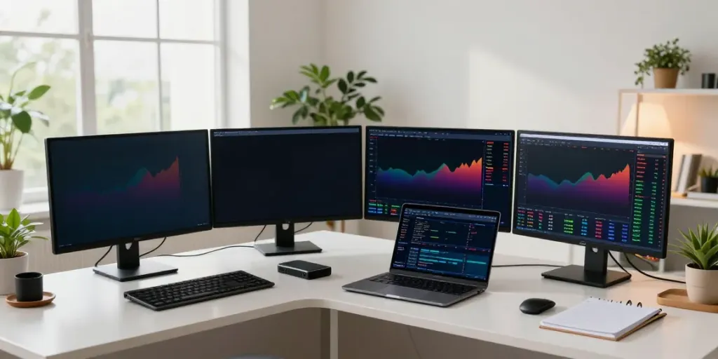 สำนักงานการซื้อขายหุ้นหวยแบบมืออาชีพแสดงการวิเคราะห์กราฟ cryptocurrencies ในที่ทำงานที่สะอาดและทันสมัย