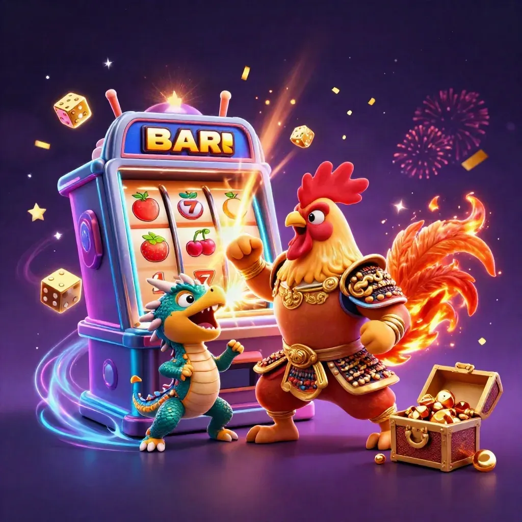 Rooster warrior, dragon hatchling and fortune cat amid slot symbols, gold, sparks and treasure.