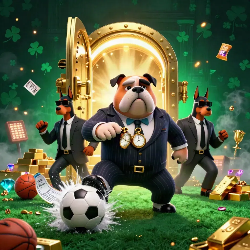Bulldog mafia boss, doberman guards, gold vault, and sports balls explode in neon casino glow.