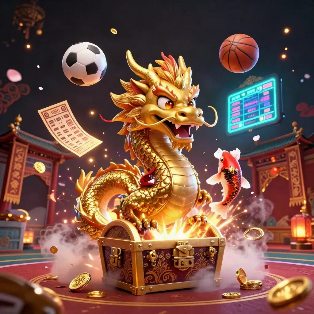 Golden dragon, red phoenix and koi amid neon casino sports props in a dramatic night burst.
