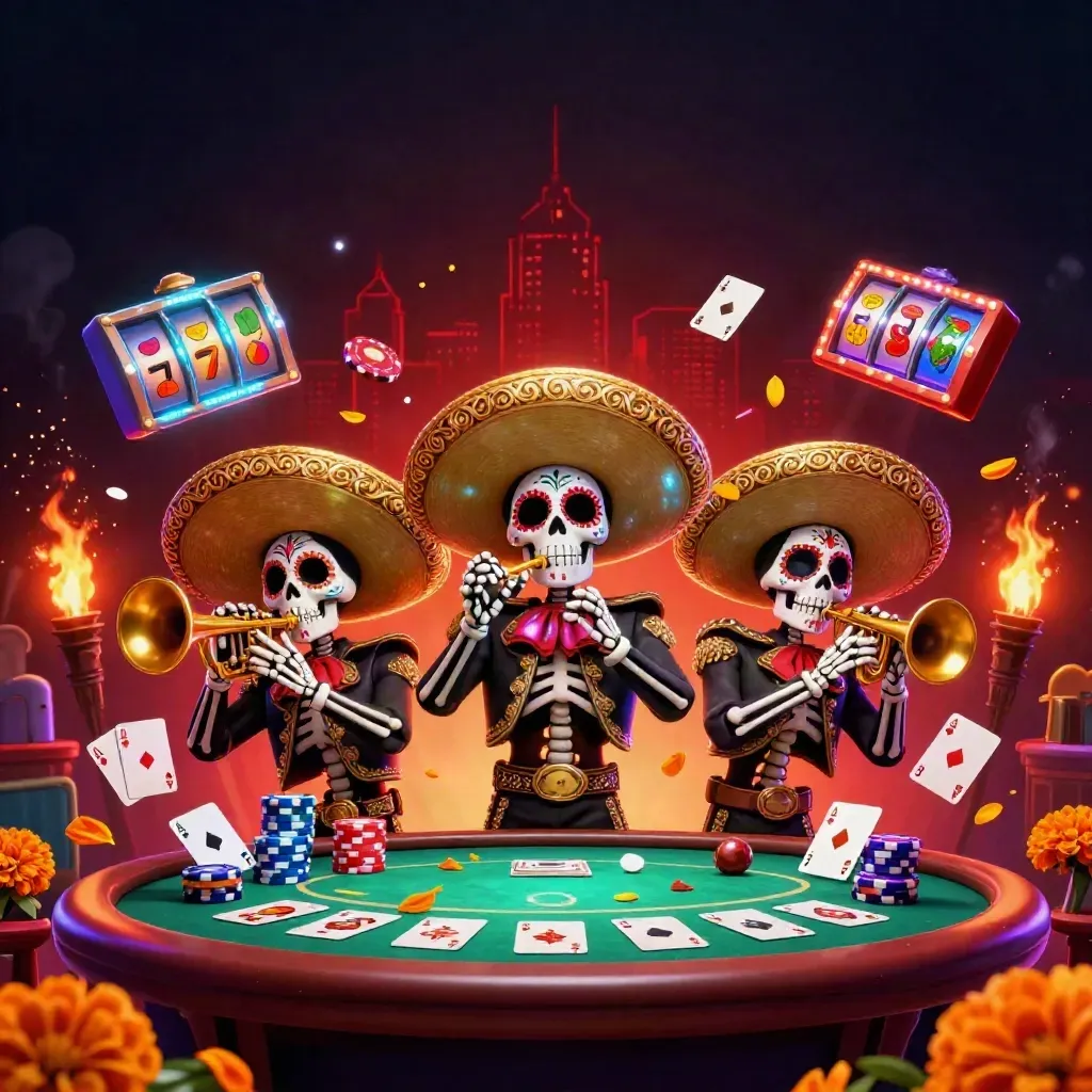 Skeleton mariachi trio amid poker, slots, chips, and glowing jackpot effects in neon casino style.