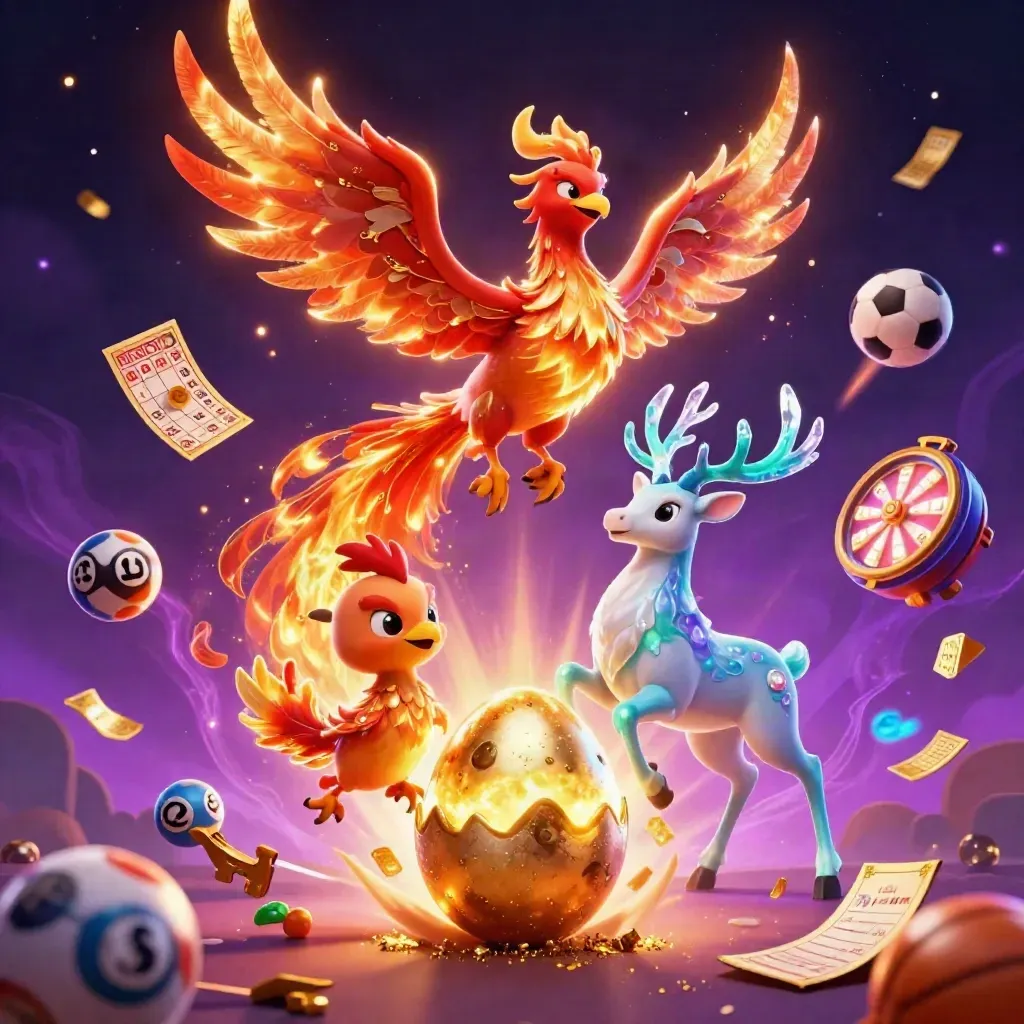 Fire phoenix, baby phoenix, crystal stag, and casino game elements in a neon fantasy burst.