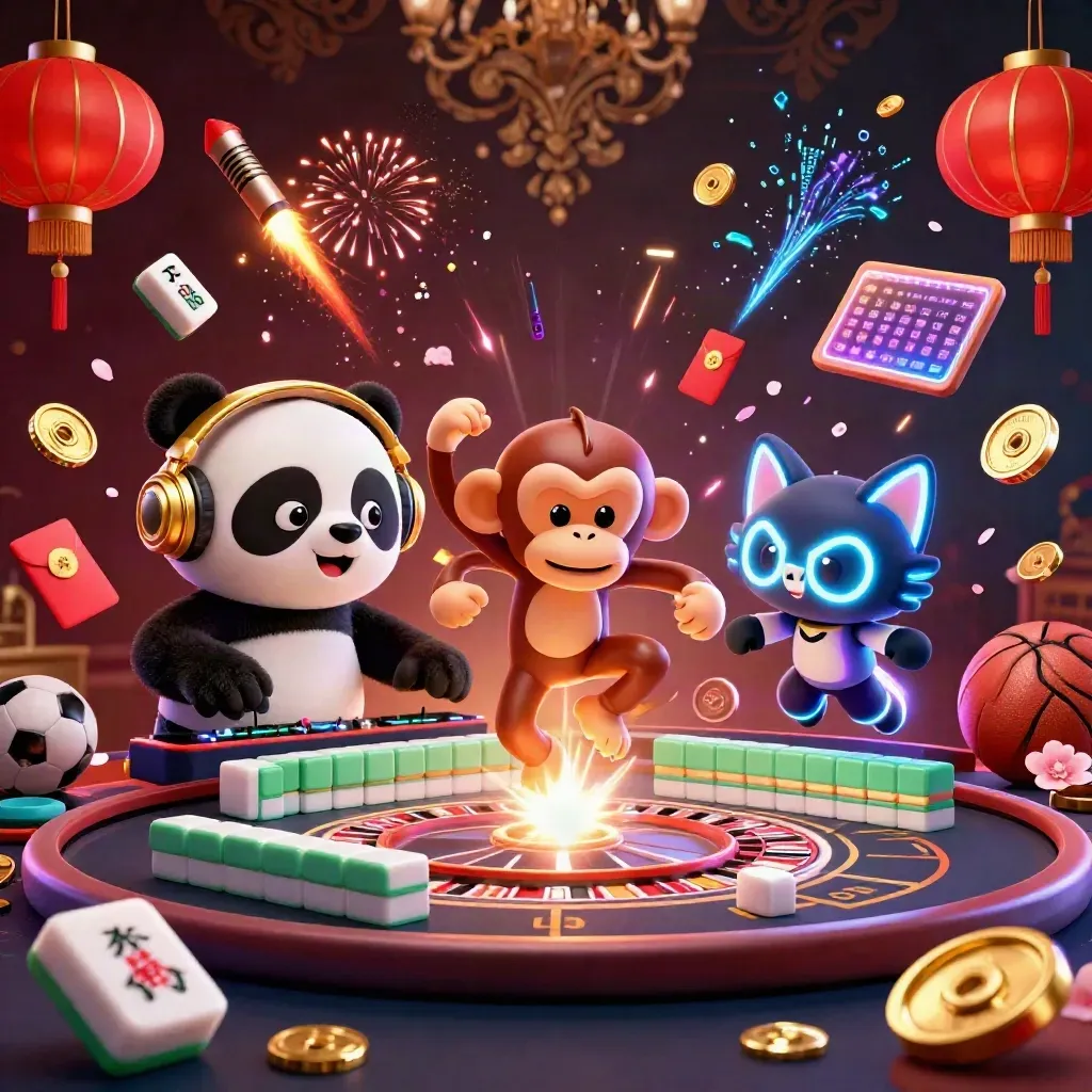 DJ panda, breakdancing monkey, and glow-stick kitten amid casino sports flair and flying game pieces.