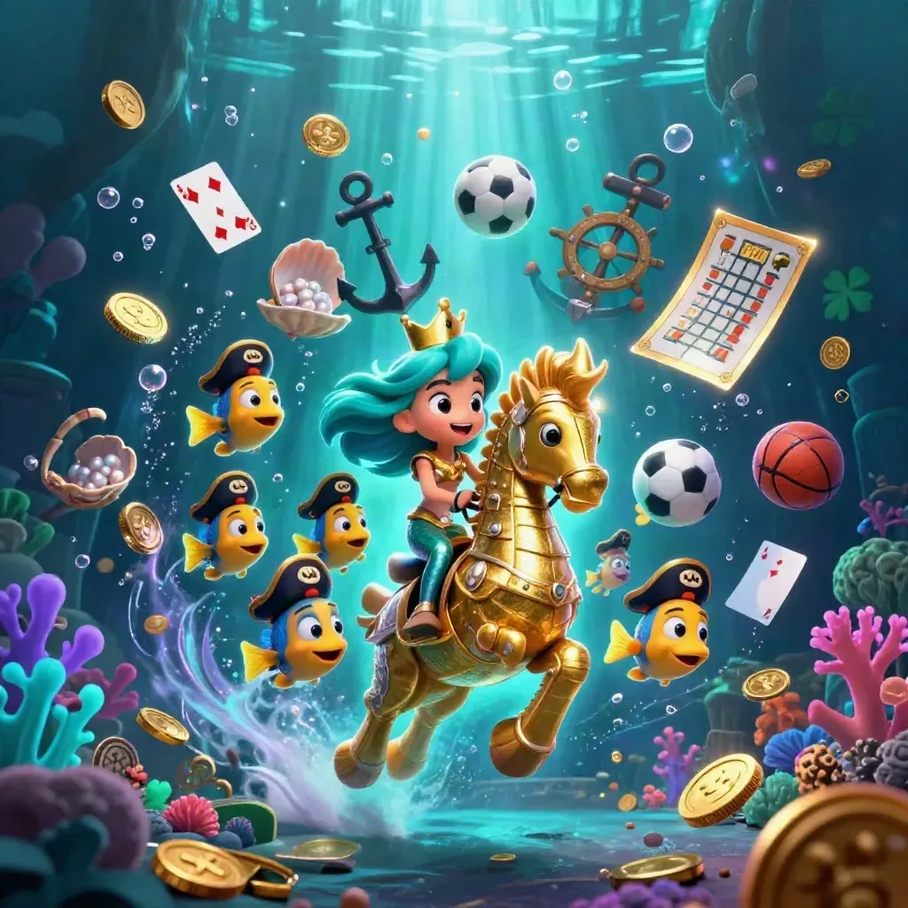 Mermaid princess on an armored seahorse amid coins, cards, balls, and glowing coral underwater.