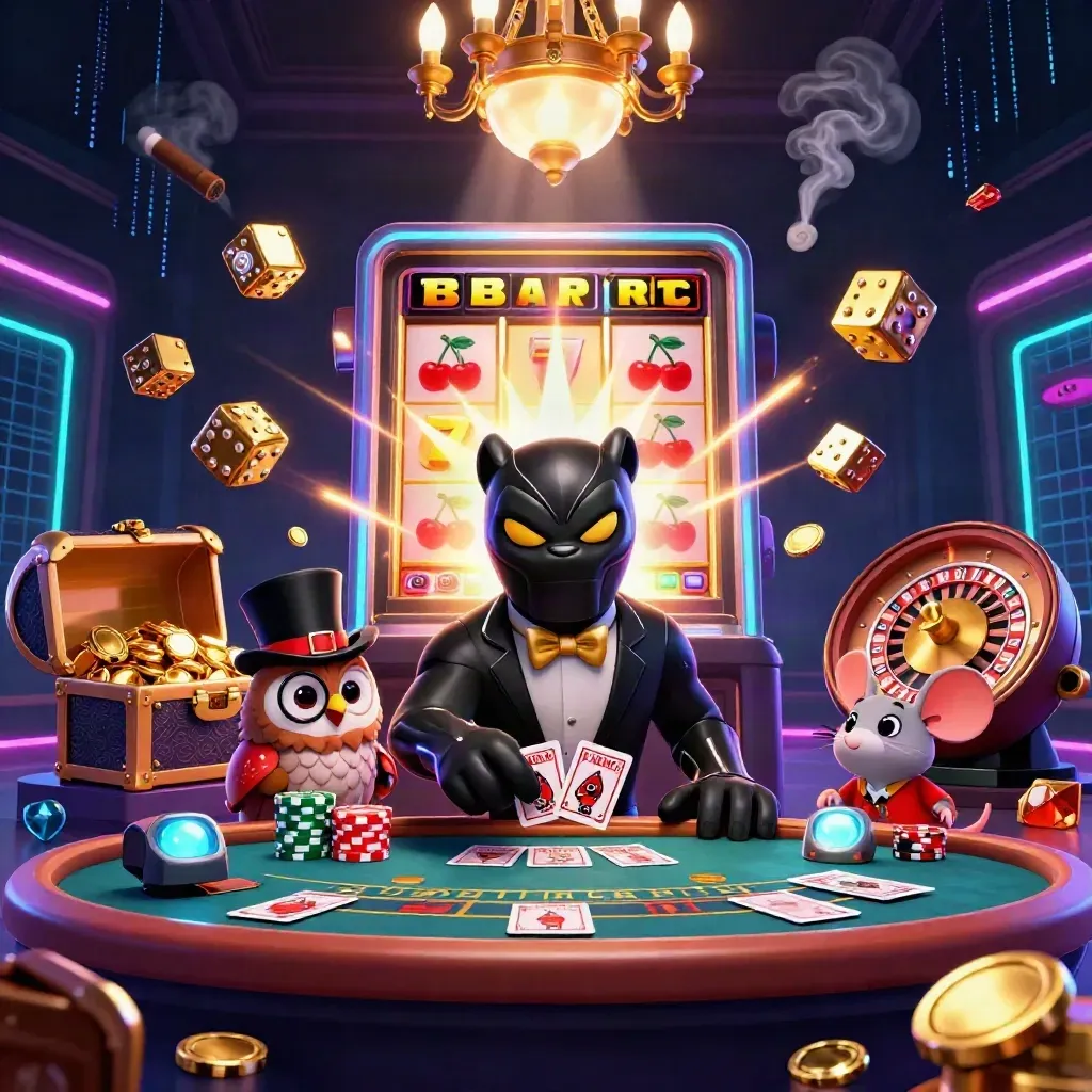 Panther, owl, and mouse in a neon casino with slot burst, dice, chips, and glowing gold.