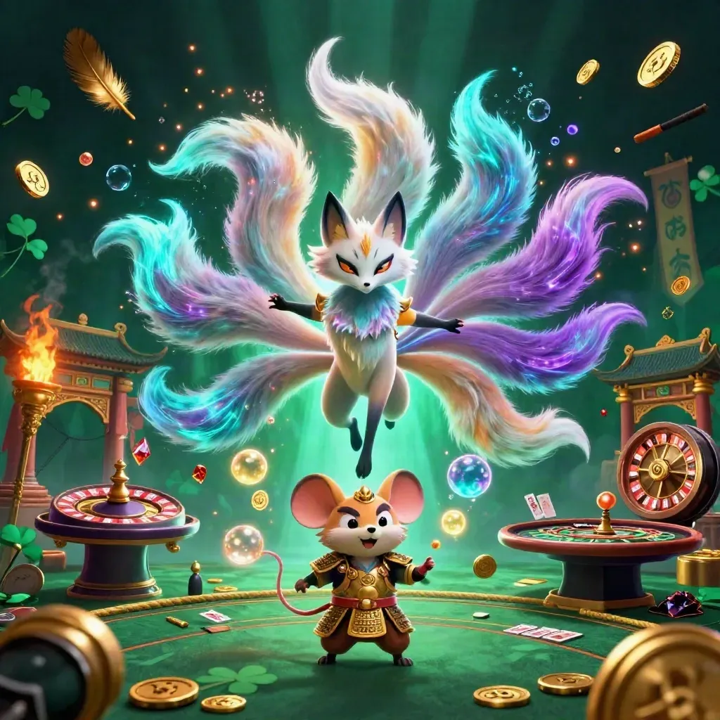 Neon fox spirit and armored samurai mouse amid casino fantasy riches and glowing temple decor