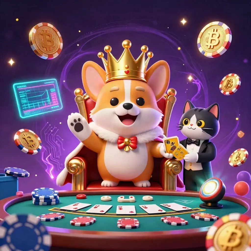 Crowned corgi and cat butler in a neon casino with floating coins and purple energy