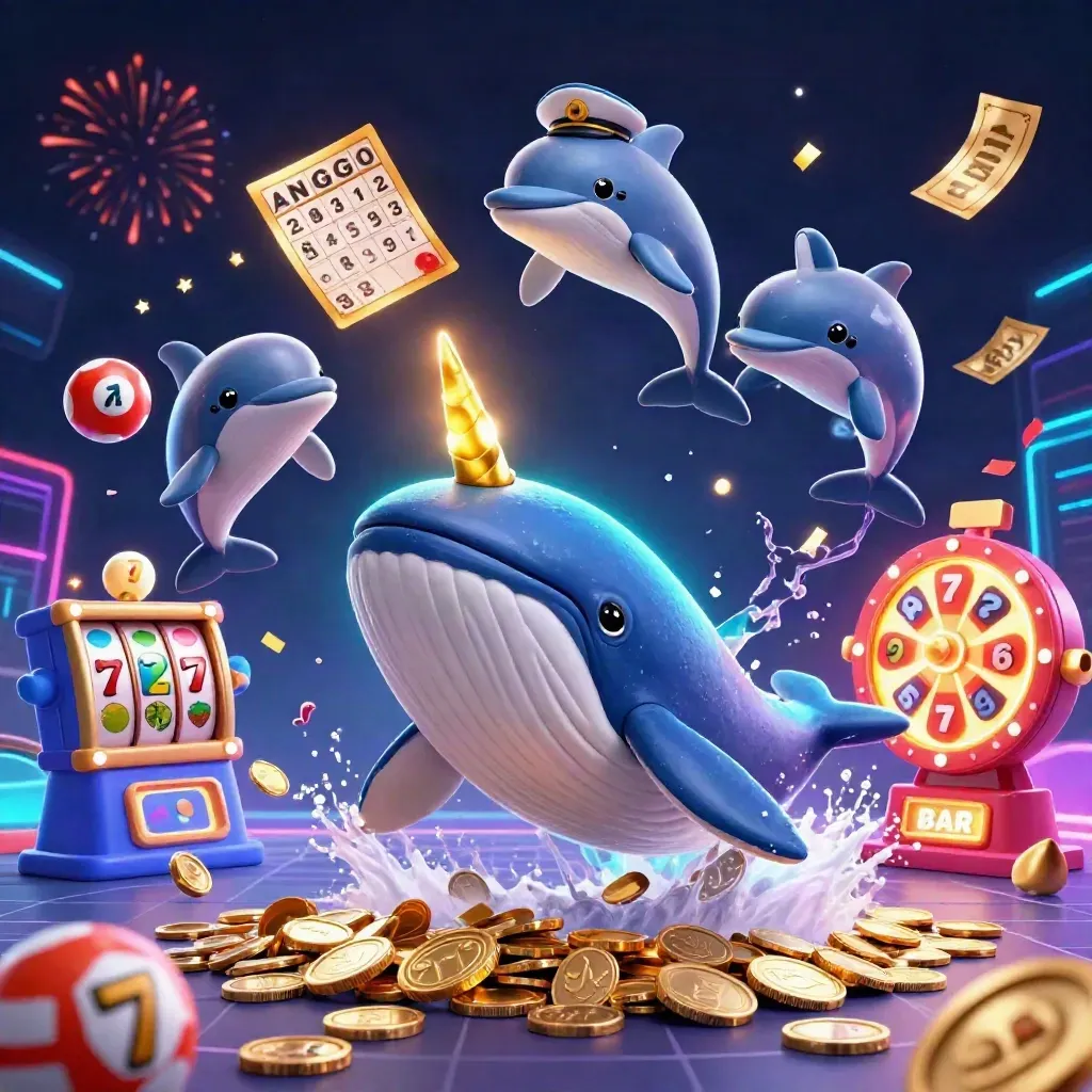 Whale captain, narwhal, and dolphins burst through coins with casino rewards and neon magic.