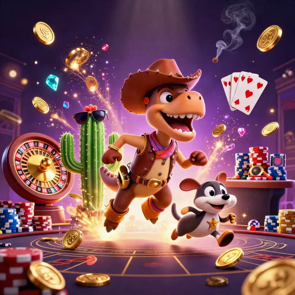 Cartoon cowboy T-Rex, cactus, and roadrunner in a glowing casino burst of coins and gems