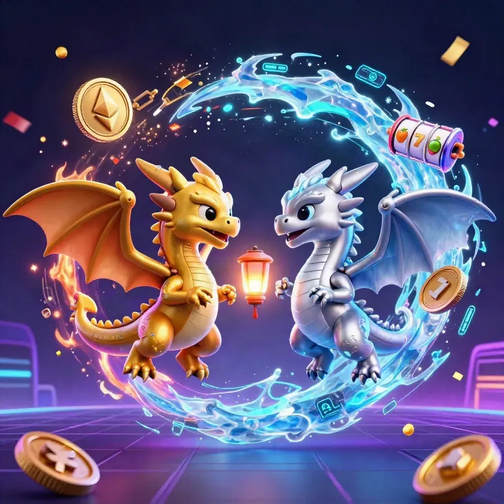 Gold and silver dragons spiral in neon teal casino chaos with coins, reels, and a lantern spirit