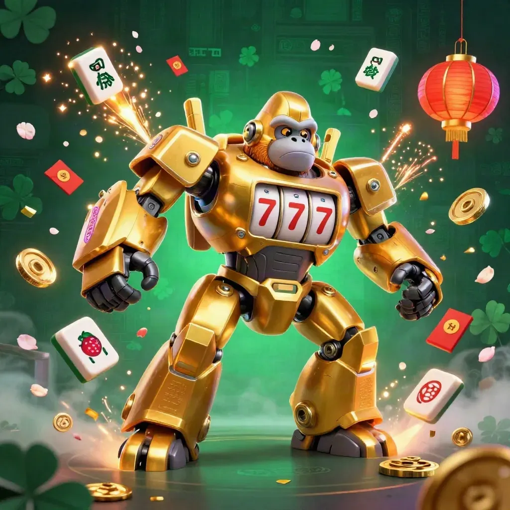 Golden gorilla mech with tiny monkey pilot bursts amid neon casino treasures and lanterns.