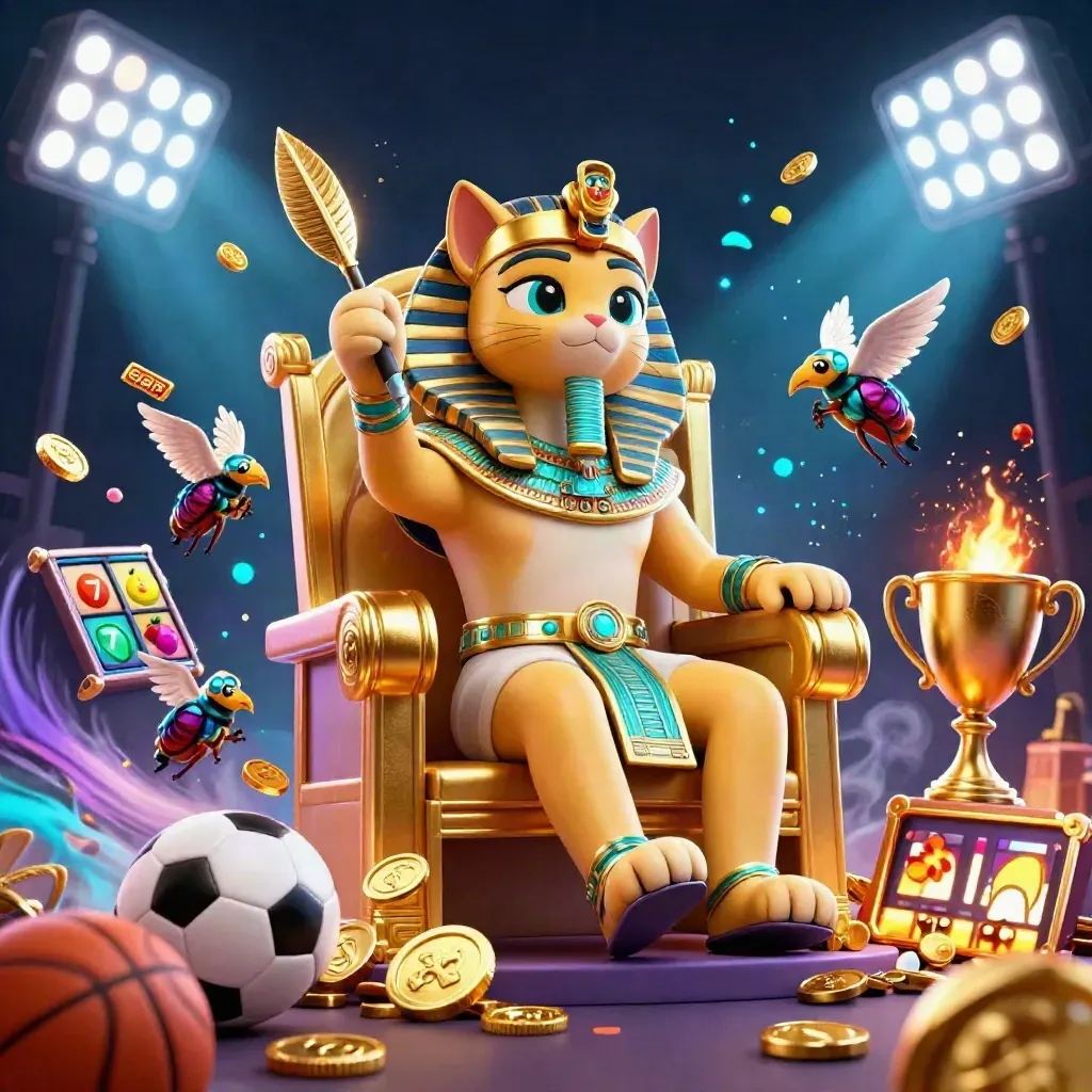Pharaoh cat on throne with ibis scribe, scarabs, coins, sports balls, and glowing casino treasure