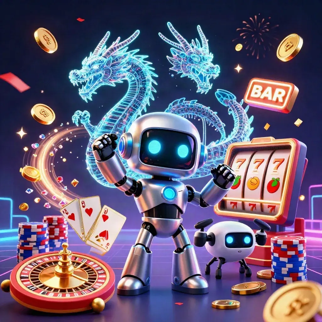 Cyberpunk robot, holographic dragon, and coin drone amid casino bursts and neon jackpots