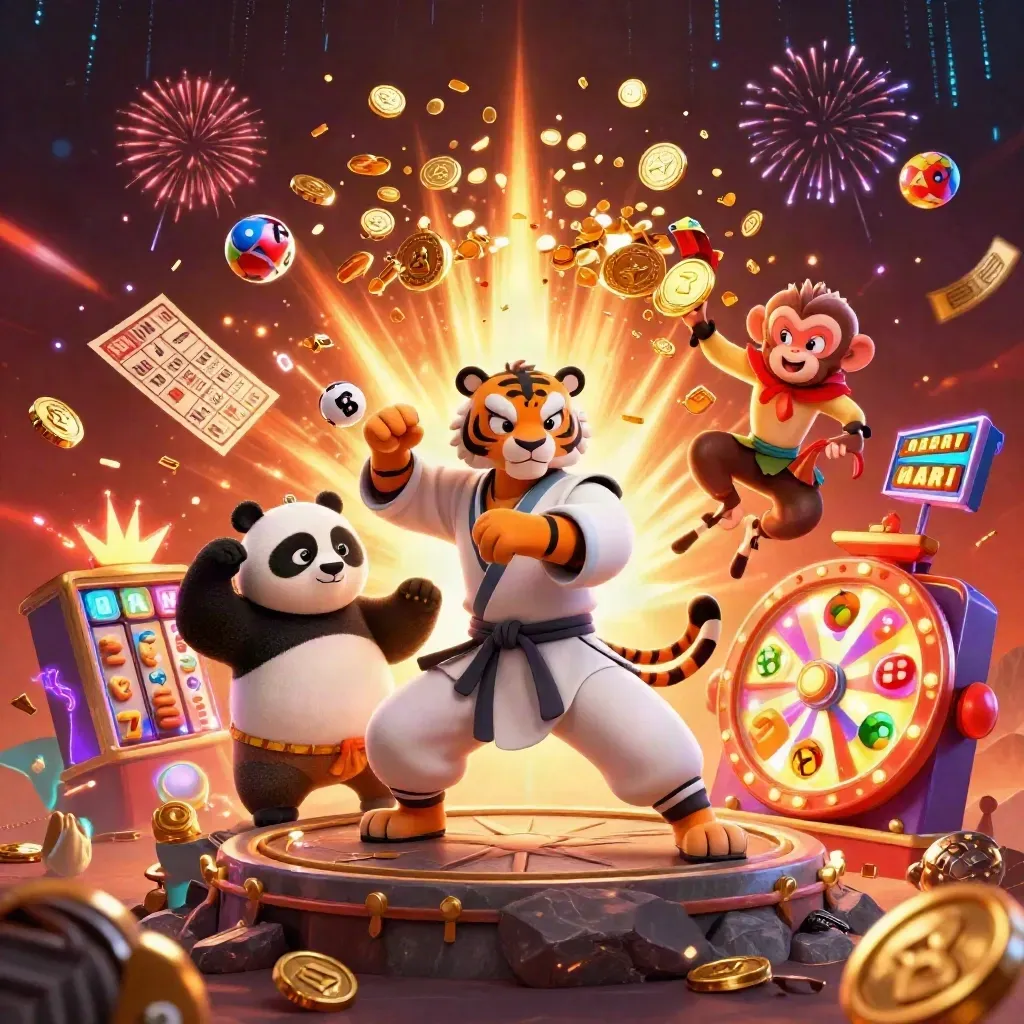 Tiger master, panda, and monkey burst through a neon casino treasure storm with coins and reels.