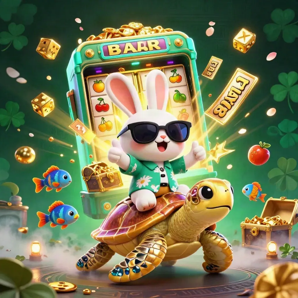 Lucky rabbit on a golden sea turtle amid teal casino bursts, gold dice, and treasure.