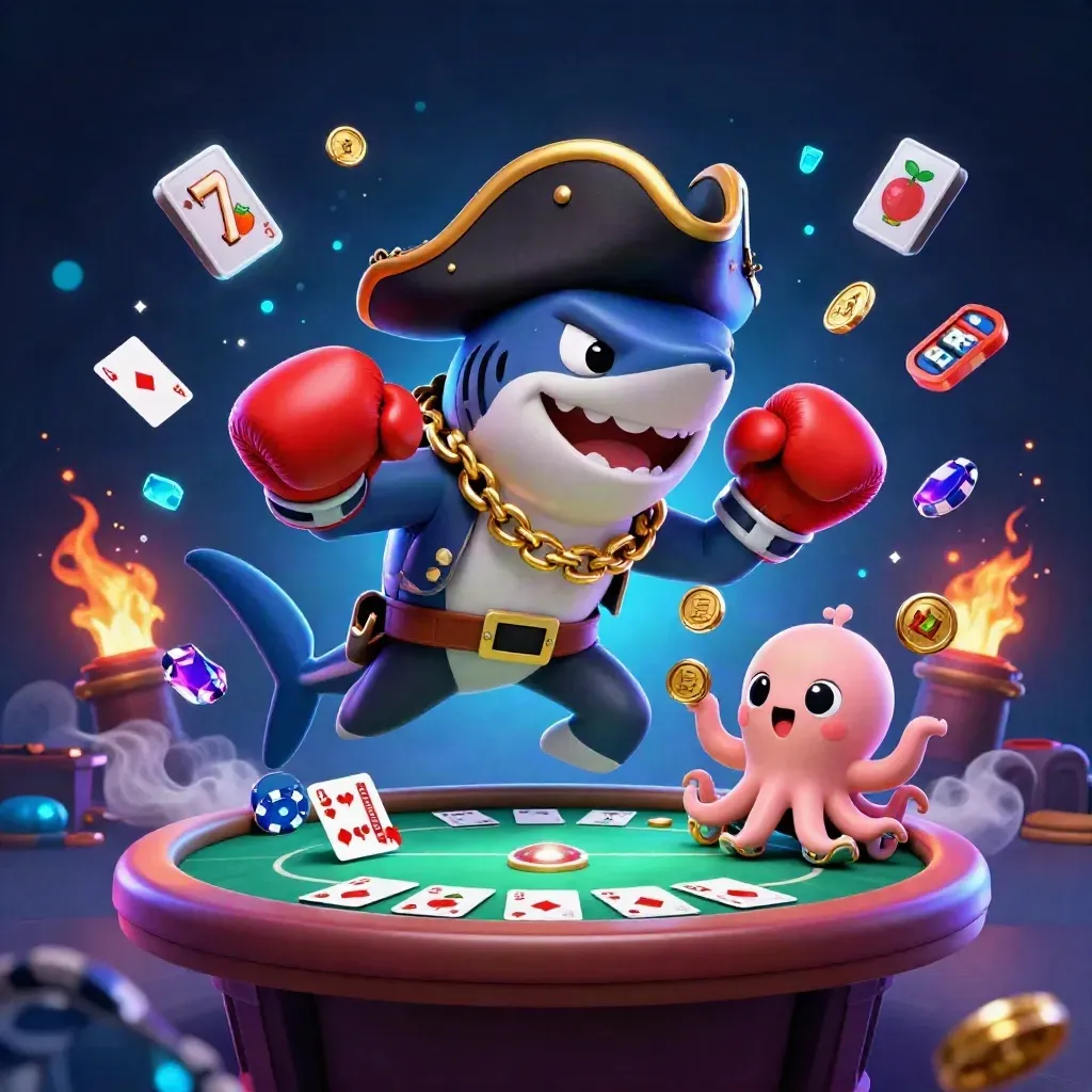 Shark captain, pufferfish, and baby octopus amid casino chips and teal neon treasure.