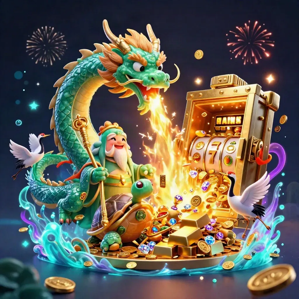 Emerald dragon, turtle sage, and cranes burst from a vault with gold, gems, reels, and neon light.