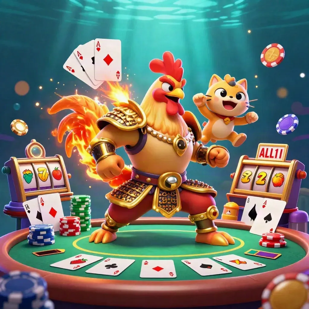 Rooster samurai, spark-breathing dragon hatchling and fortune cat amid glowing chips, reels and cards.