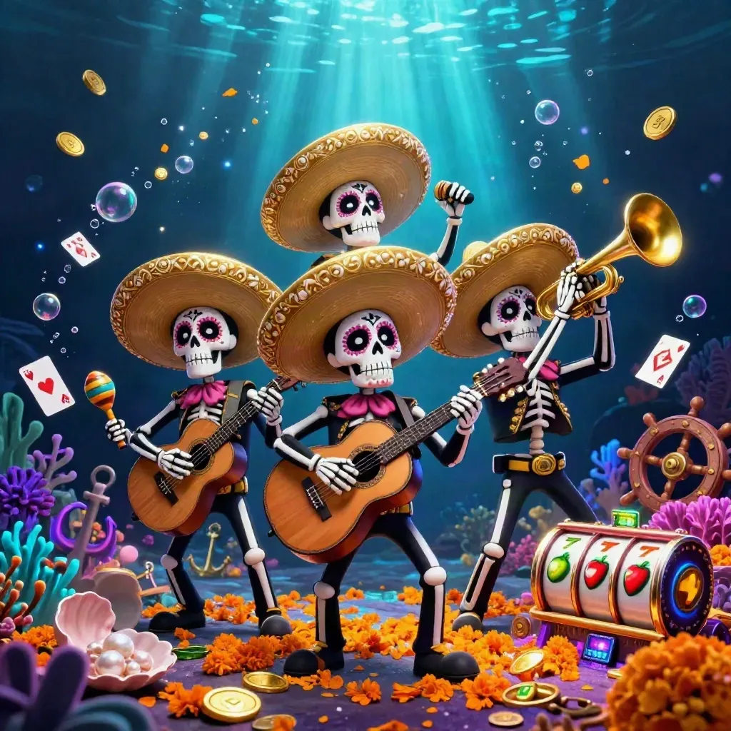 Skeleton mariachi trio in a neon underwater treasure cove with coins, coral, reels, and bubbles.