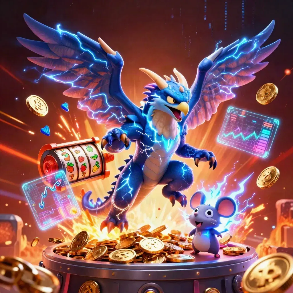 Thunder dragon, wind hawk, and static mouse burst amid coins, reels, and neon crypto energy.