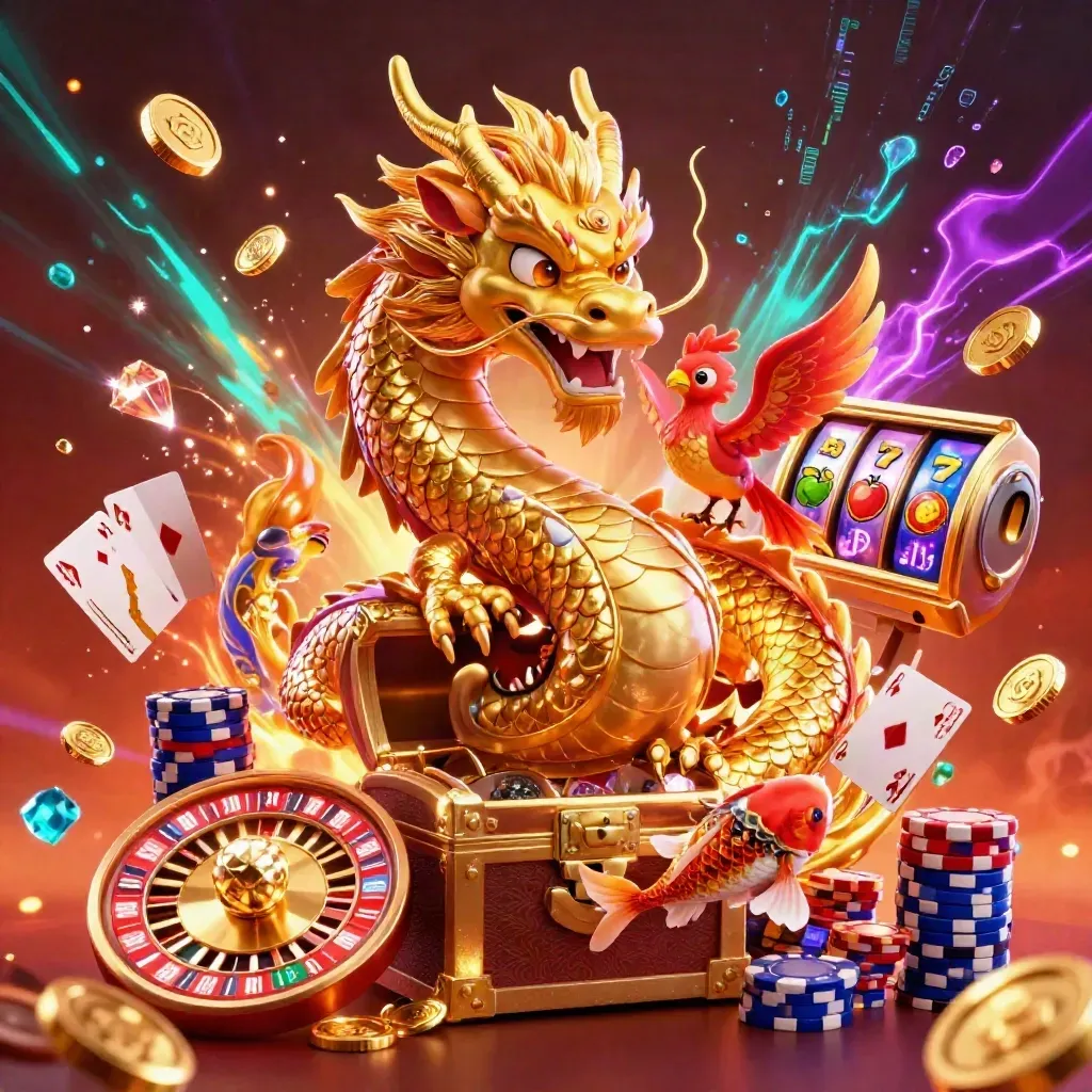 Golden dragon with phoenix, koi, chest, coins, reels, chips, and roulette in neon casino action.