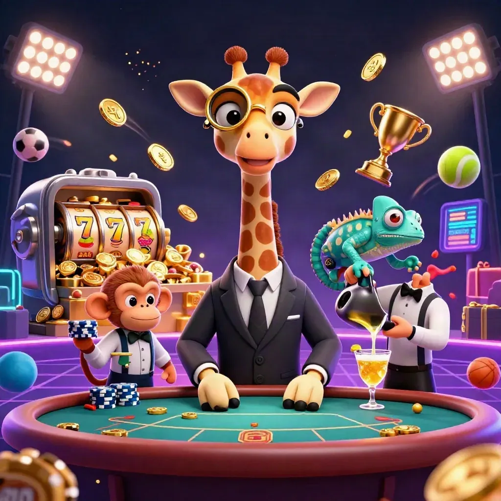 Neon casino trio: giraffe, monkey, and chameleon amid coins, sports balls, and jackpot glow.