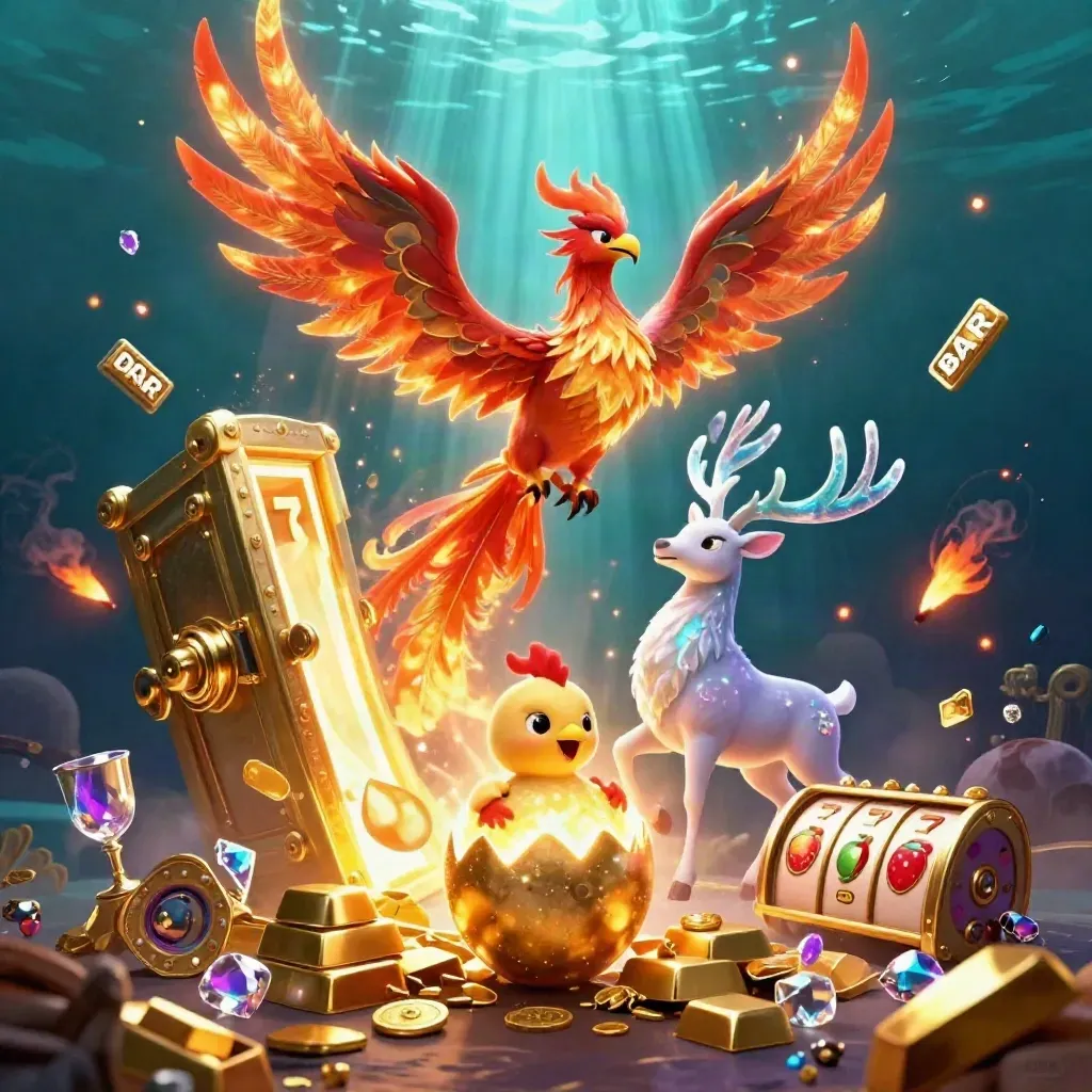 Phoenix, baby phoenix, and crystal stag amid vault treasure, reels, and teal casino glow.