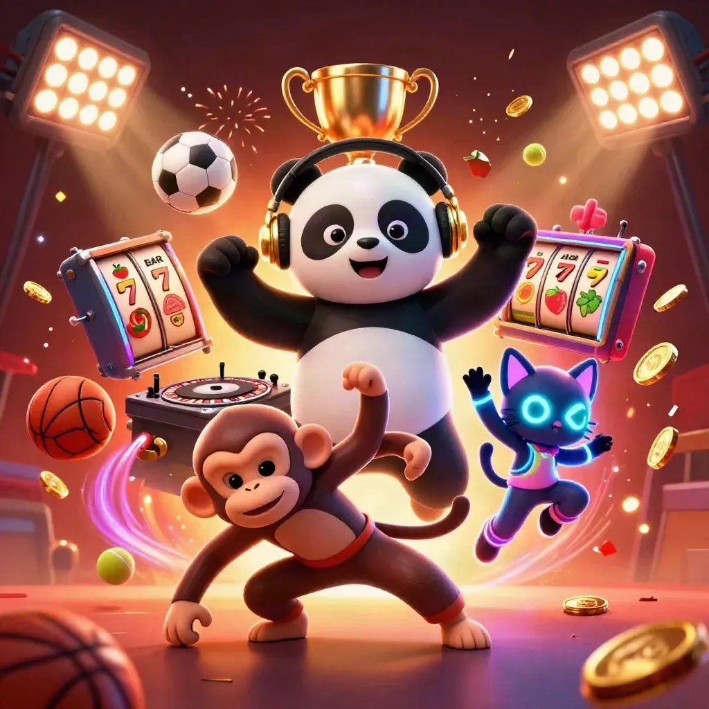 DJ panda, monkey, and rave kitten amid casino slots, balls, coins, and fireworks