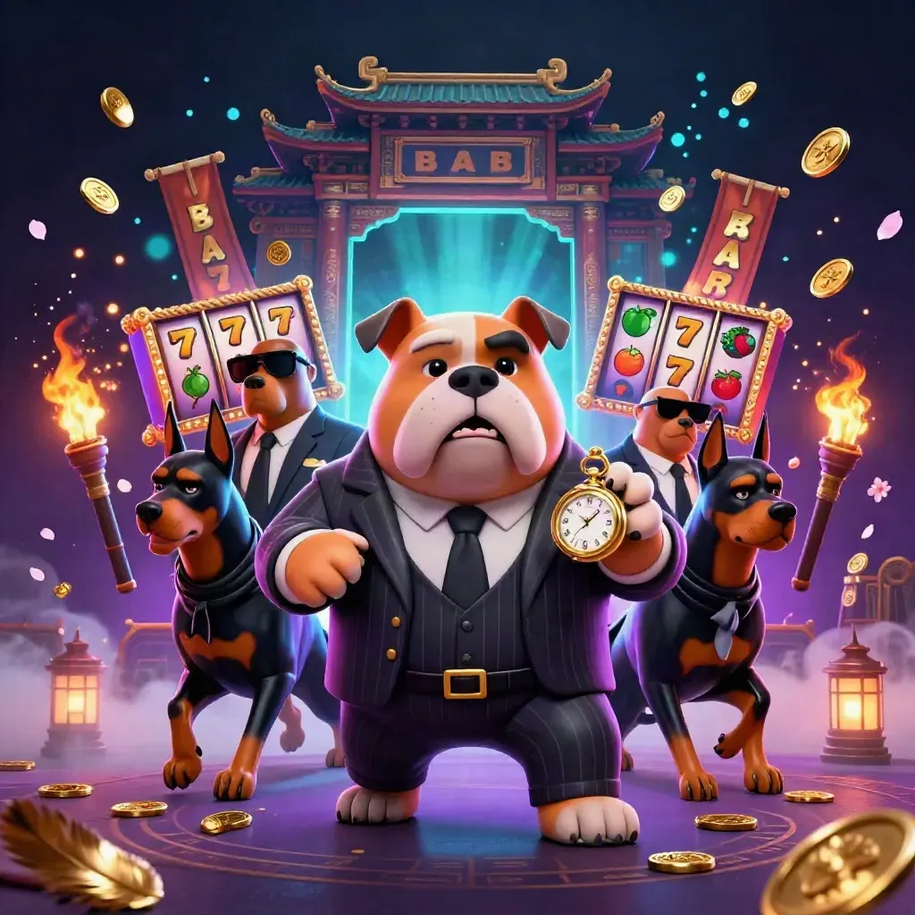 Mafia bulldog and Doberman guards burst through neon casino chaos with coins, reels, and temple light.