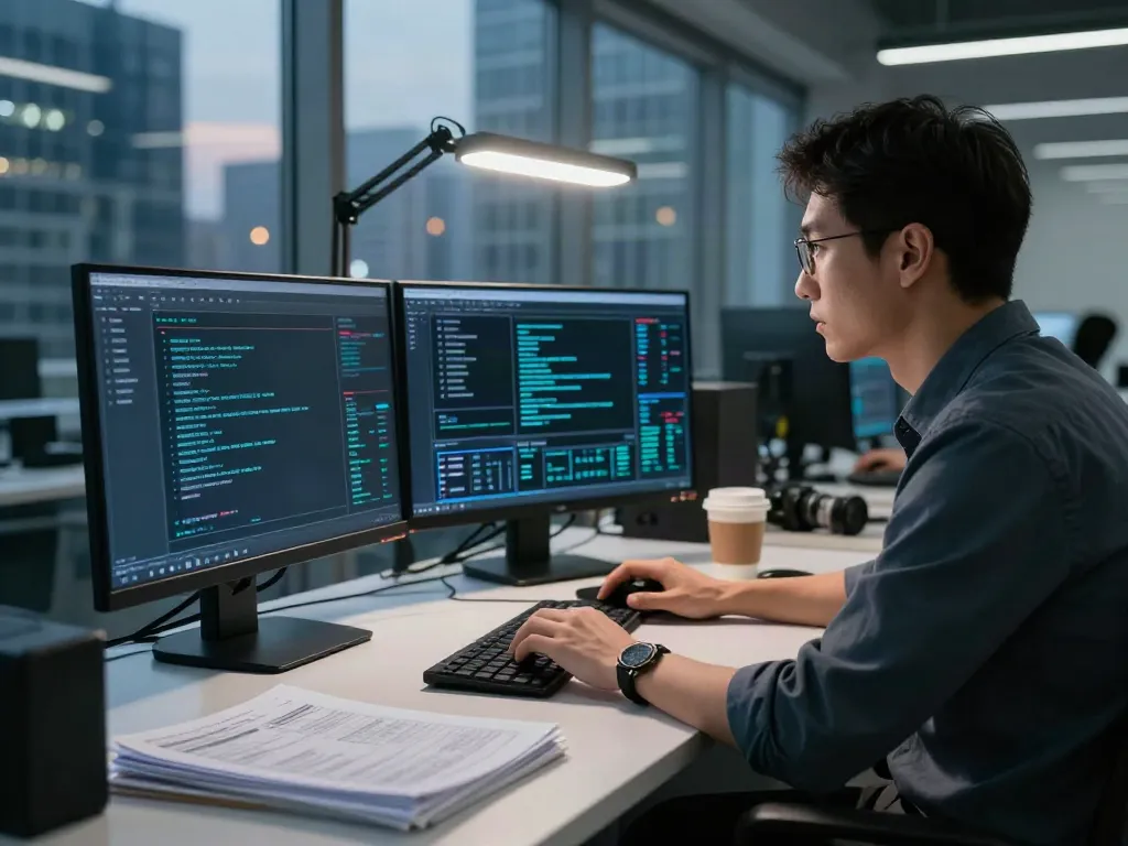 Cybersecurity expert analyzing hidden wiki traffic with multiple screens.